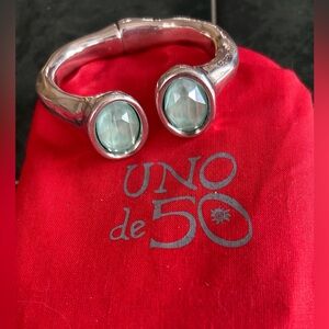 UNO de 50 Silver  Hinged Cuff Bracelet with Aqua Crystal Accents (NWOT)